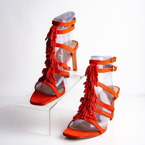Boden Womens Suede Sandals Heels Orange Strappy Beaded Open Toe US 7 EU 38 - Picture 1 of 11